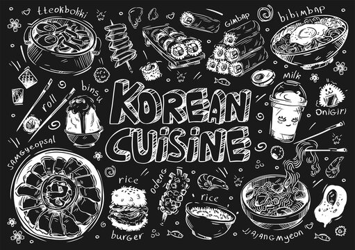Hand drawn vector illustration food. Doodle Korea cuisine: rolls, samgyeopsal, meat, rice burger, binsu desert, tteokbokki, gimbap, bibimbap, noodles, jjajangmyeon, onigiri, milk