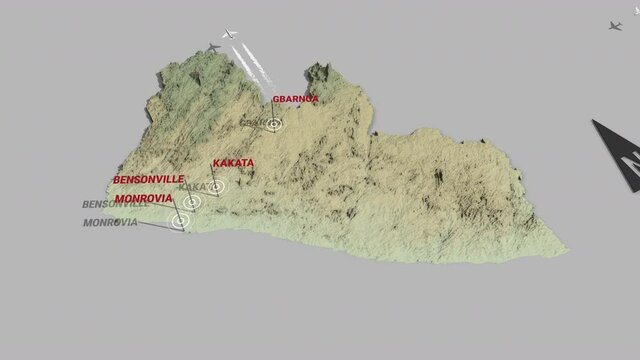 Seamless looping animation of the 3d terrain map of Liberia with the capital and the biggest cites in 4K resolution
