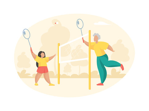 Elderly woman plays badminton with little girl. Grandmother with racket hits shuttlecock towards joyful granddaughter. Playground with stretched net for outdoor activities. Vector flat illustration
