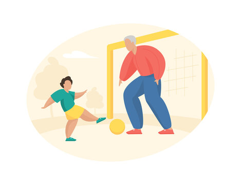 Elderly man plays football with boy. Grandfather stands at goal and hits ball his grandson. Active game in open summer space. Fun sports leisure and lifestyle. Vector flat illustration