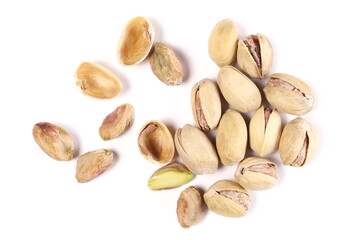 Pistachio pile isolated on white background, top view