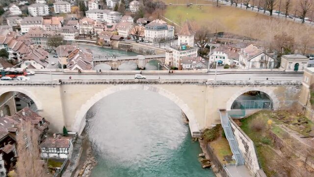 Bern Old Town - Nydeggbrucke arched freestone bridge with city and river view