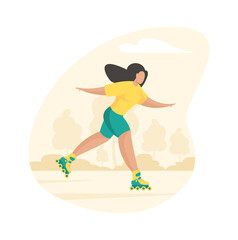 Sporty girl rollerblading. Young woman cheerfully rushes through summer park wheel skates. Active outdoor fitness with healthy relaxation. Joyful speed happiness movement. Vector flat illustration