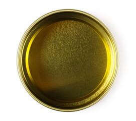 Tin dish, golden aluminum container isolated on white background, top view