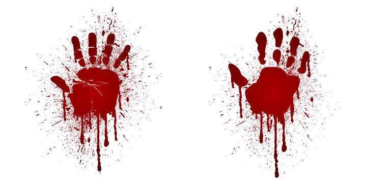 Bloody hand print. Dead, blood, horror and dirty red palm for halloween party Flat vector pictogram. Scary elements with stain, splatter and streams. Bleeding hand.