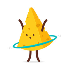 Cute cheese doing fitness exercise with hula hoop vector cartoon character isolated on a white background.