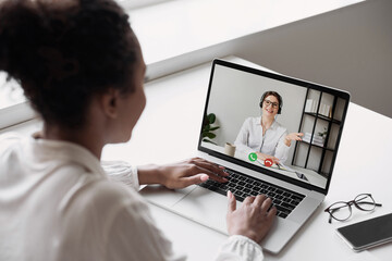 Meeting online. Women having discussion or web conference chat, Work or study from home, freelance, online video conferencing, web chat meeting, distance education, teaching online concept