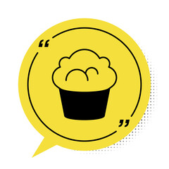 Black Muffin icon isolated on white background. Yellow speech bubble symbol. Vector