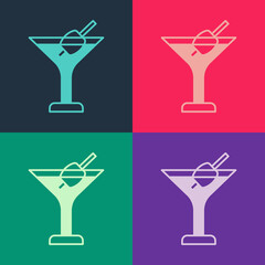 Pop art Martini glass icon isolated on color background. Cocktail icon. Wine glass icon. Vector