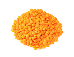 pile of whole red lentils closeup on white