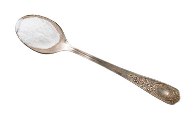 vanillin powder in silver spoon cutout on white