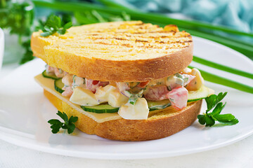 Breakfast toast. Healthy sandwich with tomato and egg salad with cheese for breakfast.