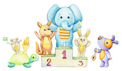 Elephant, kangaroo, rabbit, turtle, mouse, podium, cup. Watercolor concept, on an isolated background, in a cartoon style.