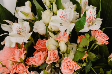 Bouquet of flowers with eustoma, alstroemeria, mini rosa, gerbera and carnations diantus.