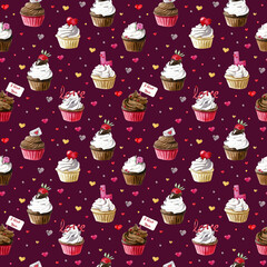 Seamless pattern with watercolor cupcake for Saint Valentine's Day