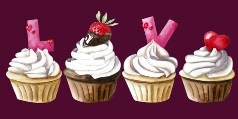 Watercolor set of cupcake for Saint Valentine's Day