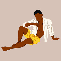 Silhouette of a man. Athletic man character on beach.  vector cartoon illustration.