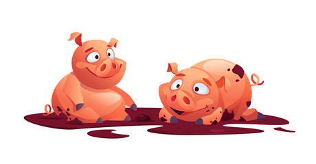 Pigs livestock animals playing in mud isolated cartoon piglets. Vector swine piggy farming agriculture animal, childish kids design. Domestic country farmland or ranch small snout or pink hog