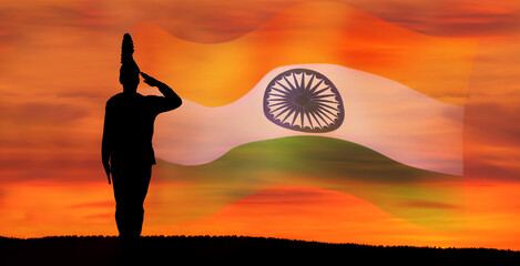 Soldier with Indian flag. Greeting card for Republic Day , Independence Day . National celebration.