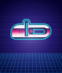 Retro style Chainsaw icon isolated futuristic landscape background. 80s fashion party. Vector