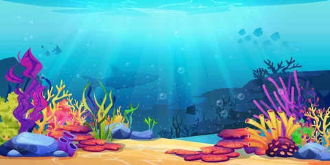 Papier Peint photo Lavable Chambre denfants Monde sous-marin des récifs coralliens avec des silhouettes d& 39 animaux marins et des algues, fond de dessin animé de fond marin. Plantes sous-marines vectorielles, aquarium avec fond marin, paysages de la faune marine en profondeur