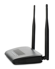New modern Wi-Fi router isolated on white - obrazy, fototapety, plakaty