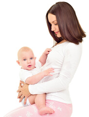 Mother and baby playing and smiling. Happy family.