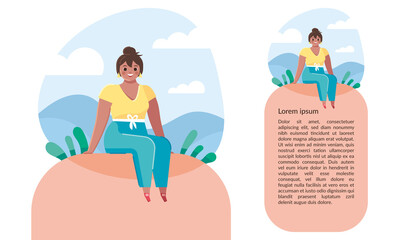 Illustration pour article de magazine sur le bien-être et la santé physique et mentale, femme en tenue de sport souriante assise devant un ciel bleu et des montagnes