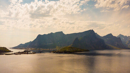 Fototapeta na wymiar Fjord and mountains landscape. Lofoten islands Norway