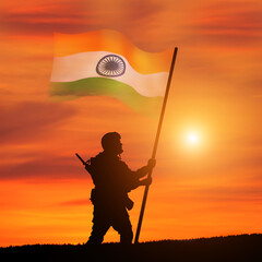 Soldier with Indian flag. Greeting card for Republic Day , Independence Day . National celebration.