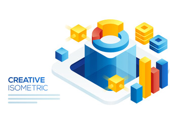 Modern isometric concept of Big Data Analysis for banner and website. Isometric landing page template. Digital information chart and statistic financial budget.