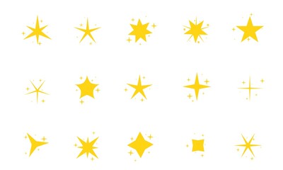 Set of icons of sparkling bright stars. Collection of symbols in the form of twinkling stars. Glitter, glow, fireworks effect for holiday and Christmas or birthday. Yellow, gold strokes.
