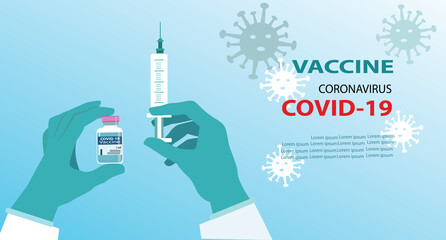 Coronavirus vaccine COVID-19. Vaccine and vaccination against coronavirus, COVID-19, virus, flu. Hands in green gloves of doctor, nurse, scientist hold an ampoule, syringe. Horizontal banner.