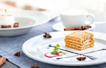 A piece of honey cake on a large white plate, decorated with chocolate syrup, mint. Restaurant menu