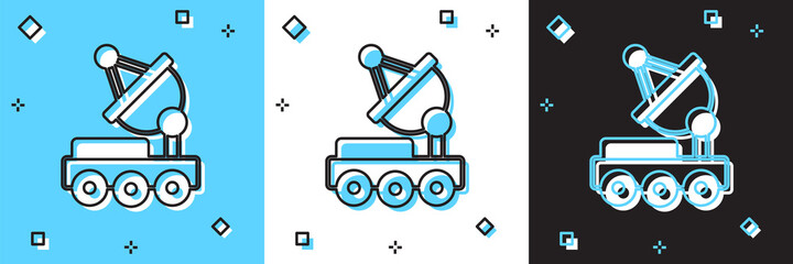 Set Mars rover icon isolated on blue and white, black background. Space rover. Moonwalker sign. Apparatus for studying planets surface. Vector