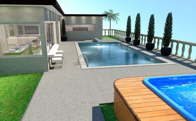 3D Rendering Luxury House and Pool