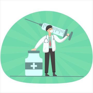 illustration of doctor holding injection and medicine, vaccination concept, professional work, vaccine concept for prevention, flat design illustration