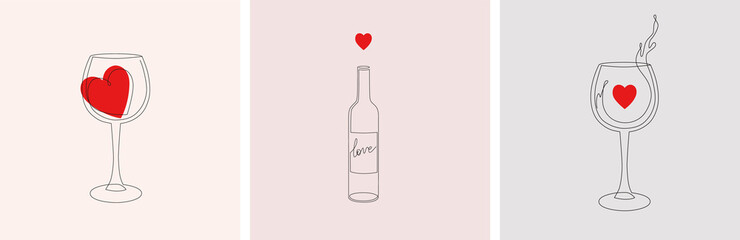 Set of trendy wine single line illustrations in minimalist style. Wine bottle and glass contour drawing with red heart symbol in vector