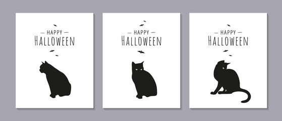 Set of greeting cards with black cat silhouette and bats on white background. Happy Halloween posters in minimalist style. Vector illustration