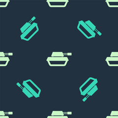 Green and beige Military tank icon isolated seamless pattern on blue background. Vector