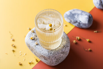 Hard seltzer cocktail with chamomile and ice