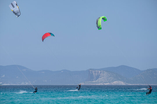 kitesurfing on Illete beachFormentera, Pitiusas Islands, Balearic Community, Spain