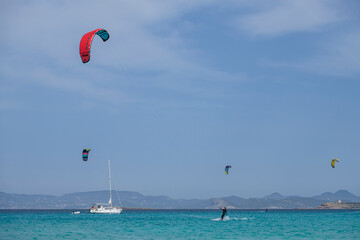 kitesurfing on Illete beachFormentera, Pitiusas Islands, Balearic Community, Spain