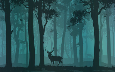 Background with moose walking in the forest, flying birds and deer in the distance, vector illustration - 434082398