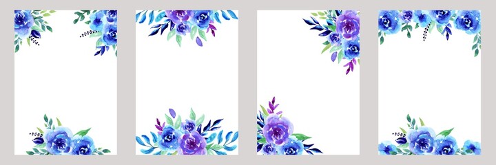 Set of template card with blue rose, bouquets. Wedding ornament concept. Design element for Invitations, Floral poster, greeting card. Watercolor hand drawing illustration