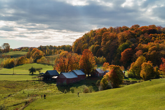 The colorful foliage brightening  up the isolated farm house under the dramatic clouds in Autumn. Vermont, United States  