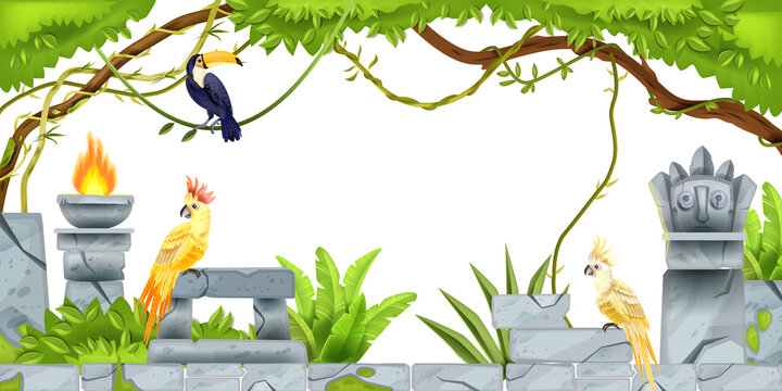 Jungle tropical vector frame, ancient maya temple ruin border, parrot, toucan, fire, totem face, tree, vine. Rainforest stone background, Aztec history illustration. Jungle frame, banana leaf, foliage