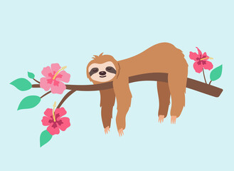 A cute sleeping sloth on a branch of a tree with leaves and tropical flowers. Vector color illustration in flat style. © Elena
