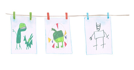 Preschool childish drawings on a clothesline with clothespins. Hand-drawn childish dinosaurs on sheets isolated on a white background. Primitive illustrations for your design. Green dinosaurs and more