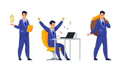 Obraz premium Set of businessman in different situations. Financier with money. Analyst works at the computer. Flat vector illustration isolated on white. Male cartoon character in business suit working in office